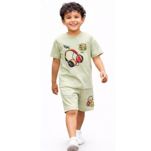 Boys Cool Vibes Headphones Print T-Shirt and Shorts Set, Light Green, Cotton Blend, 2 Piece Casual Summer Outfit, 6-15 Years